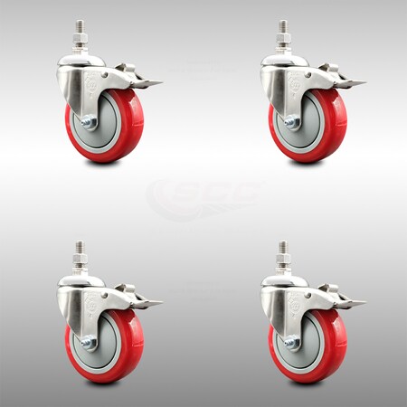 Service Caster 4 Inch 316SS Red Polyurethane Wheel Swivel 10mm Stem Caster Set Lock Brake SCC-SS316TSTTL20S414-PPUBRED-M1015-4